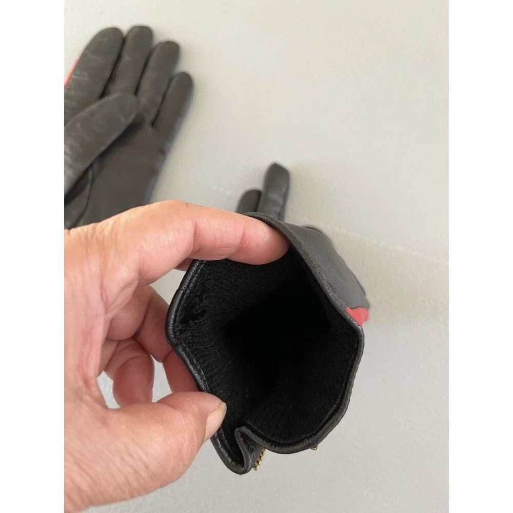 Kate Spade New York Women’s Gloves 6.5 Red & Black Soft Leather Gold Zipper Ring